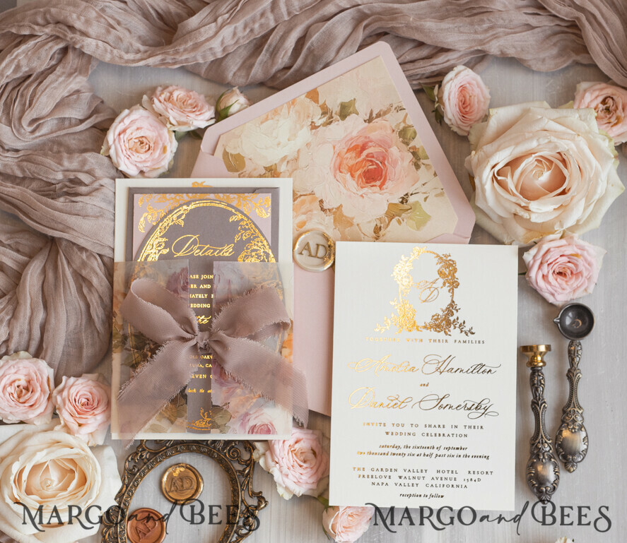 WEDDING INVITATIONS Vintage Baroque Vintage Baroque Wedding Invitation suite  Beige Golden Fine art Roses Wedding Invitations with rsvp Victorian wedding crest Chinoiserie Invites Royal Ornamental frame