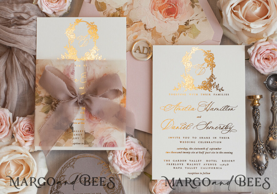 WEDDING INVITATIONS Vintage Baroque Vintage Baroque Wedding Invitation suite  Beige Golden Fine art Roses Wedding Invitations with rsvp Victorian wedding crest Chinoiserie Invites Royal Ornamental frame