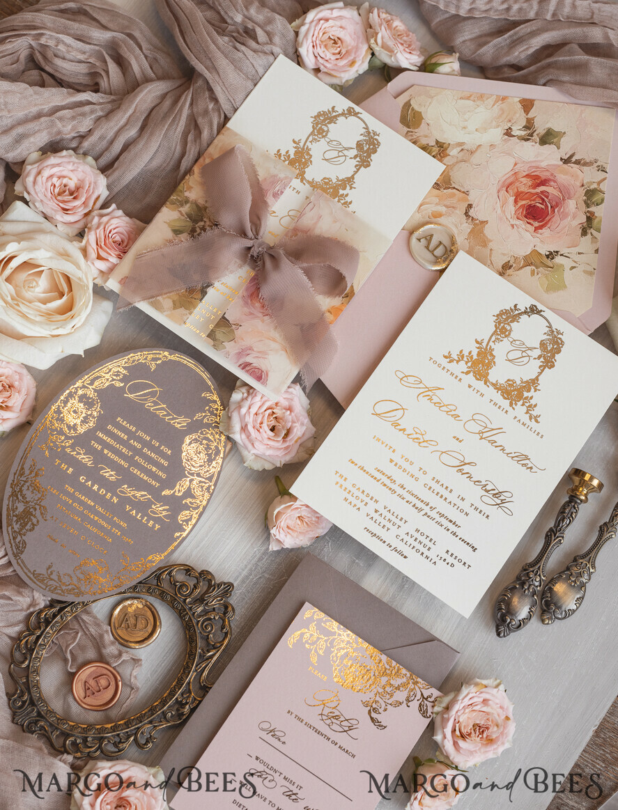 WEDDING INVITATIONS Vintage Baroque Vintage Baroque Wedding Invitation suite  Beige Golden Fine art Roses Wedding Invitations with rsvp Victorian wedding crest Chinoiserie Invites Royal Ornamental frame