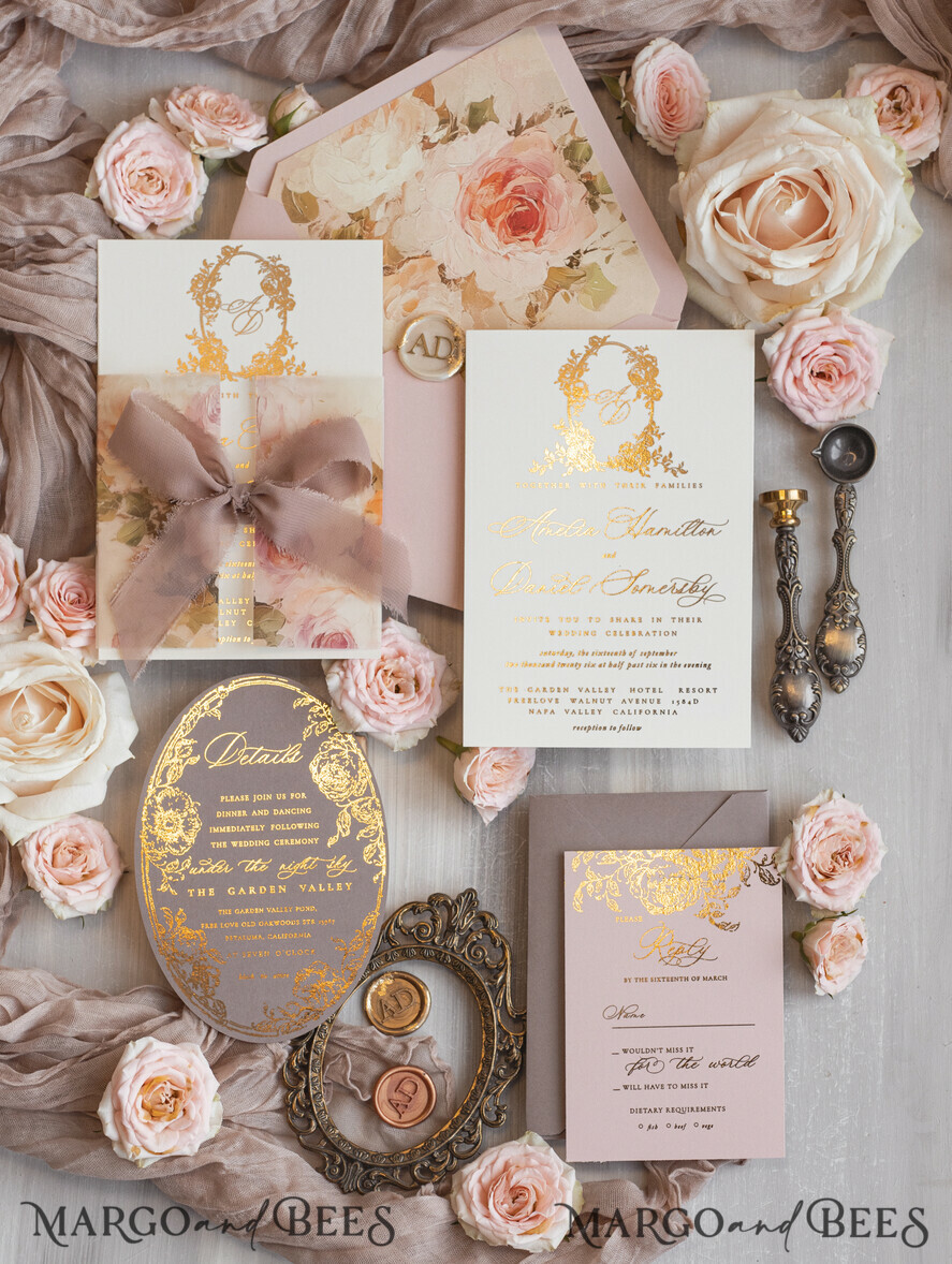 WEDDING INVITATIONS Vintage Baroque Vintage Baroque Wedding Invitation suite  Beige Golden Fine art Roses Wedding Invitations with rsvp Victorian wedding crest Chinoiserie Invites Royal Ornamental frame