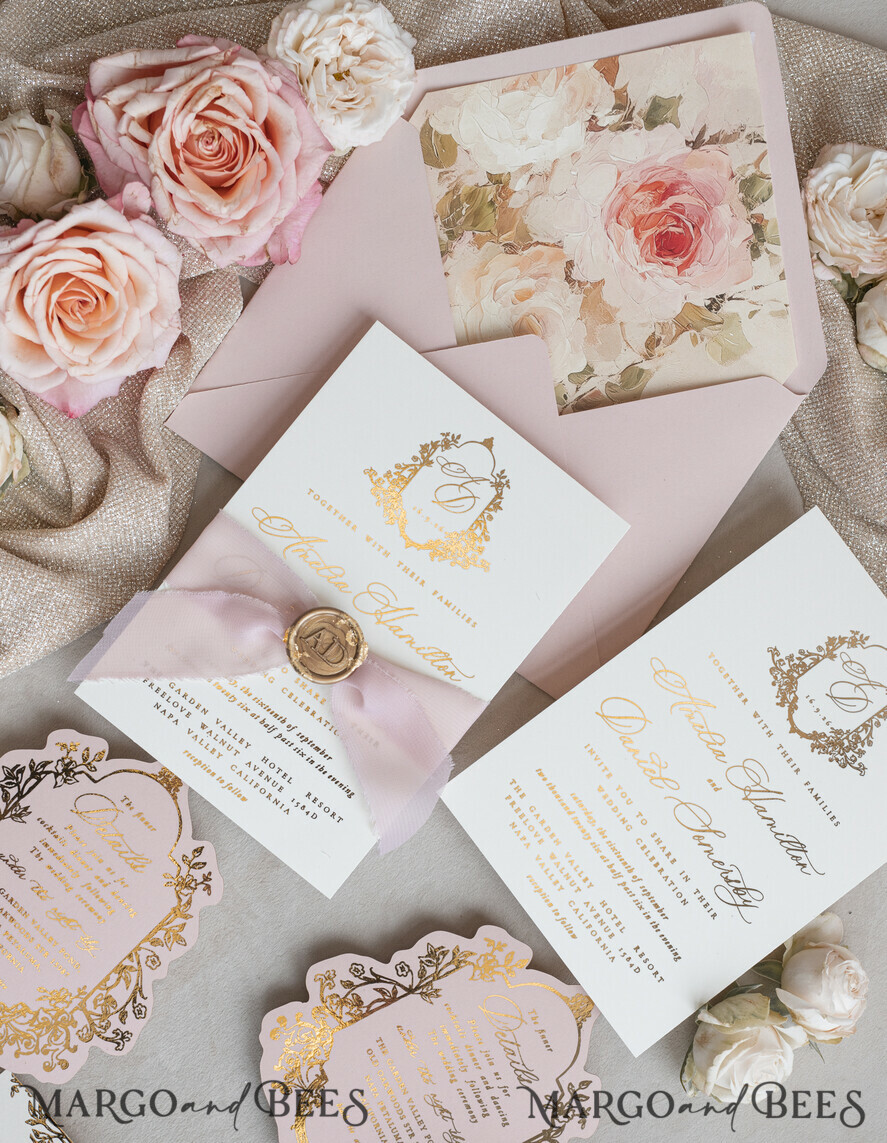 WEDDING INVITATIONS Vintage Baroque Vintage Baroque Wedding Invitation suite  Beige Golden Fine art Roses Wedding Invitations with rsvp Victorian wedding crest Chinoiserie Invites Royal Ornamental frame