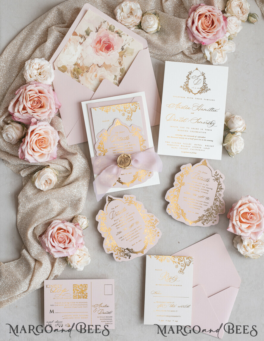 WEDDING INVITATIONS Vintage Baroque Vintage Baroque Wedding Invitation suite  Beige Golden Fine art Roses Wedding Invitations with rsvp Victorian wedding crest Chinoiserie Invites Royal Ornamental frame