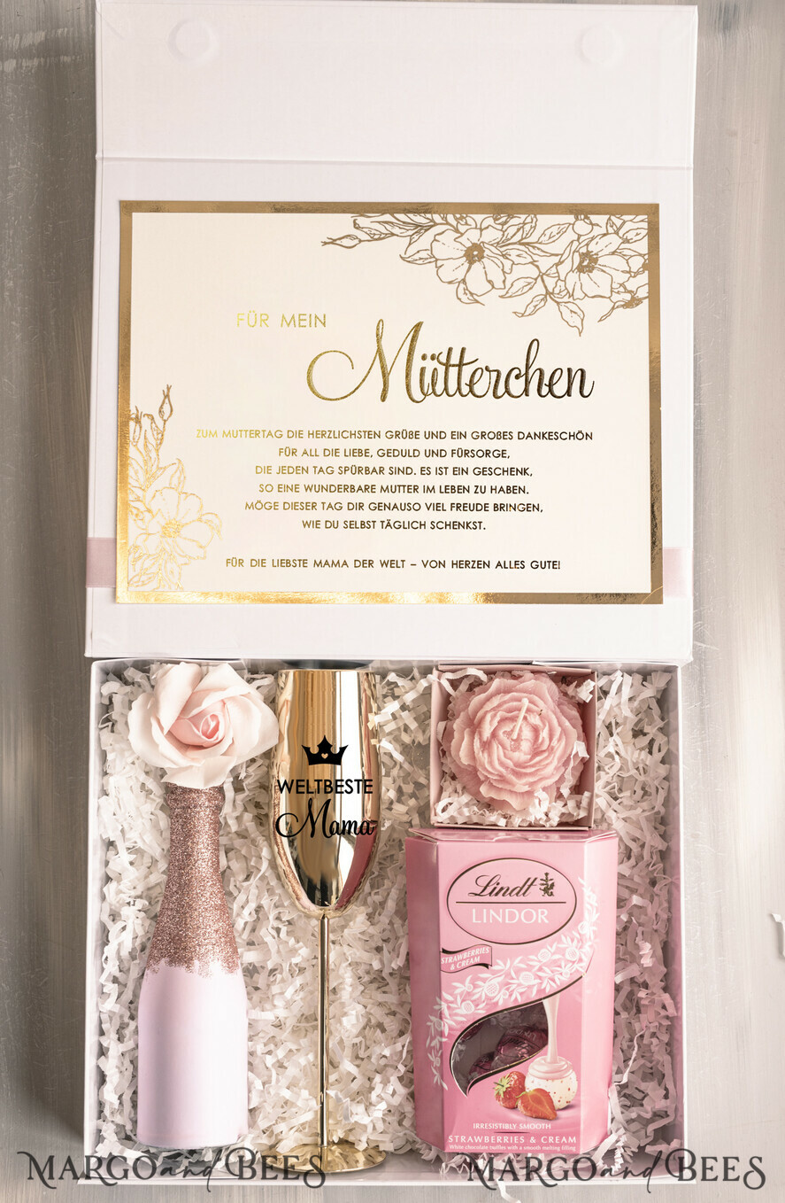 Geschenke zum Muttertag Geschenkset Entspannung Edles Muttertagsgeschenk: Geschenkbox mit Lindor Pralinen, glitzerndem Sekt, Rosenkerze & Champagnerglas – liebevolle Überraschung für Mama