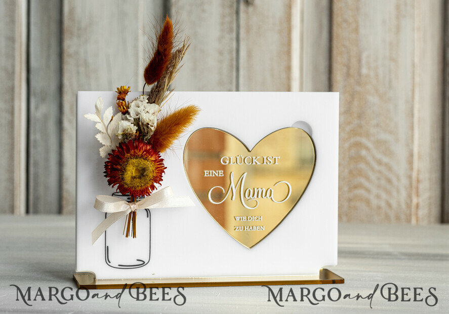 Geschenke zum Muttertag Grußkarten für Mama Geschenkidee zum Muttertag Acryl-Statuette mit Widmung & Trockenblumen – Muttertagskarte mit Herz Geschenk für Mama zum Muttertag.