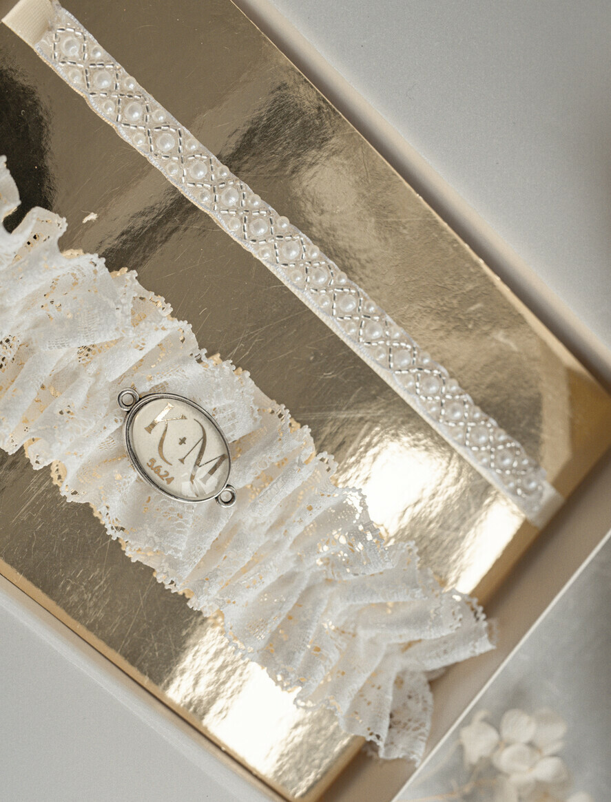BRIDE bolero, robes, garter Geschenkidee für die Braut Strumpfband Exklusives Geschenkset für die Braut – Doppeltes Strumpfband mit Grußkarte in edler Geschenkbox