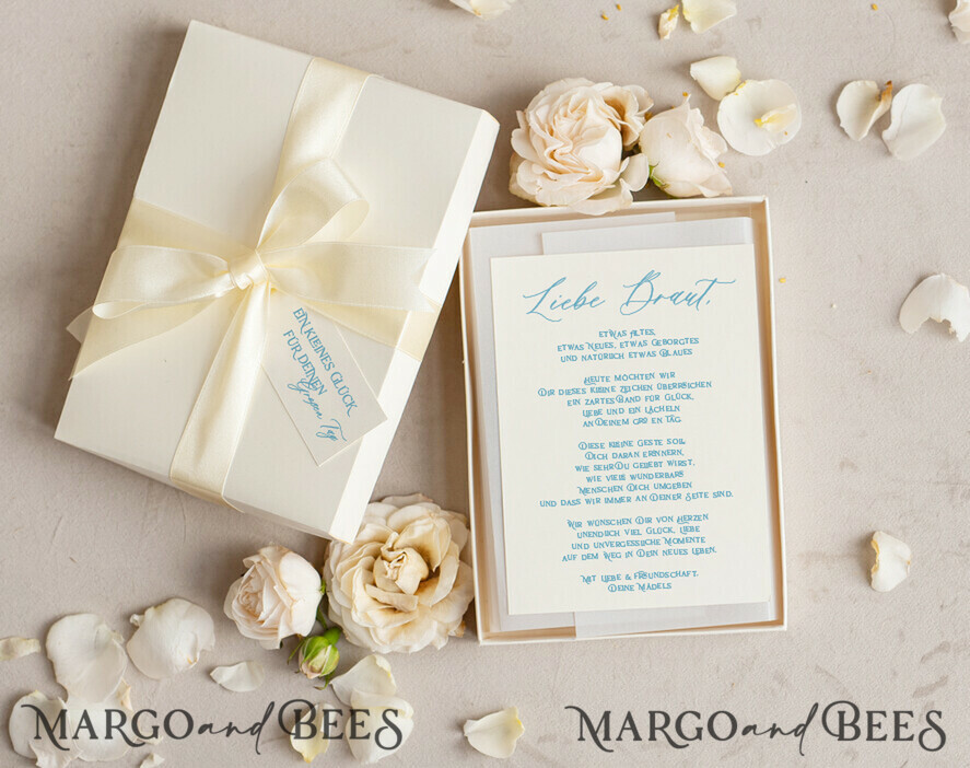 BRIDE bolero, robes, garter Geschenkidee für die Braut Strumpfband Elegantes Braut-Strumpfband-Set mit blauer Spitze, Initialenband und Grußkarte in Geschenkbox