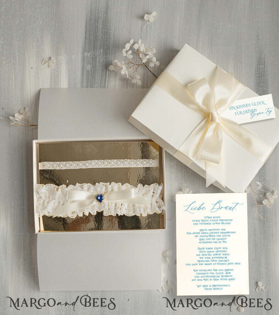 BRIDE bolero, robes, garter Geschenkidee für die Braut Strumpfband Doppeltes Strumpfband-Set für die Braut – edel & romantisch in Geschenkbox mit Gedicht – perfektes Geschenk zur Hochzeit