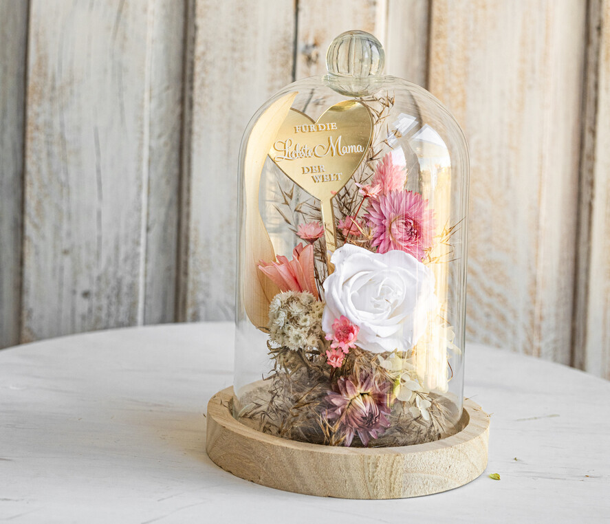 Geschenke zum Muttertag Glaskuppel mit Trockenblumen Glaskuppel mit Trockenblumen & Rose – Geschenkidee zum Muttertag