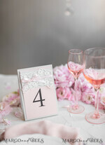 TABLE DECOR SIGNS romantic Romantic Rustic Wedding Table Number with Pink Ribbon, Vintage Lace Custom Table Cards, Light Grey and Blush Pink Shabby Chic Wedding Table Décor, Editable Text8