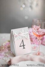TABLE DECOR SIGNS romantic Romantic Rustic Wedding Table Number with Pink Ribbon, Vintage Lace Custom Table Cards, Light Grey and Blush Pink Shabby Chic Wedding Table Décor, Editable Text8