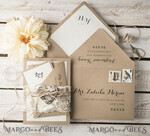 WEDDING INVITATIONS rustic / country / shabby chick Rustic Wedding invitations with Vintage Lace and Woden Heart Craft Envelope Simple Elegant Stationery 7