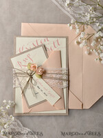 HOCHZEITS EINLADUNGEN vintage Spitze / rustikale Spitze Pfirsich Rustikale Hochzeitskarten mit echtem Spitzen-Mindestinvitation perfekt für eine Sommer-Landhochzeit7