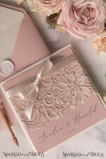 WEDDING INVITATIONS vintage lace/ rustic lace Elegant Wedding Stationery Vintage Lace Presonalized Invitation Ivory Bowl and Moody Rose Pink17