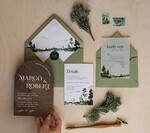 HOCHZEITS EINLADUNGEN Wald / Berge / Waldlandschaft Thema Wald Holz Hochzeits Einladung Suite, Moderne rustikale Hochzeits Einladungen, Natürliche Holz Einladungen Suite Hochzeitskarten, Grüne Hochzeits Einladungen, Nebelwald Frosted Hochzeits Einladung Suite, Kiefernbäume Hochzeits Einladung.16