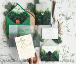 HOCHZEITS EINLADUNGEN Wald / Berge / Waldlandschaft Thema Wald Holz Hochzeits-Einladungssatz, moderne rustikale Hochzeitskarten, natürliche Holz Einladungen Set Hochzeitseinladungen, grüne Hochzeitseinladungen, neblige Wald frostige Hochzeitseinladungssuite, Kiefernhochzeitseinladung.20