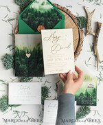 HOCHZEITS EINLADUNGEN Wald / Berge / Waldlandschaft Thema Wald Holz Hochzeits-Einladungssatz, moderne rustikale Hochzeitskarten, natürliche Holz Einladungen Set Hochzeitseinladungen, grüne Hochzeitseinladungen, neblige Wald frostige Hochzeitseinladungssuite, Kiefernhochzeitseinladung.20