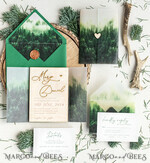 HOCHZEITS EINLADUNGEN Wald / Berge / Waldlandschaft Thema Wald Holz Hochzeits-Einladungssatz, moderne rustikale Hochzeitskarten, natürliche Holz Einladungen Set Hochzeitseinladungen, grüne Hochzeitseinladungen, neblige Wald frostige Hochzeitseinladungssuite, Kiefernhochzeitseinladung.20