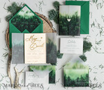 HOCHZEITS EINLADUNGEN Wald / Berge / Waldlandschaft Thema Wald Holz Hochzeits-Einladungssatz, moderne rustikale Hochzeitskarten, natürliche Holz Einladungen Set Hochzeitseinladungen, grüne Hochzeitseinladungen, neblige Wald frostige Hochzeitseinladungssuite, Kiefernhochzeitseinladung.20