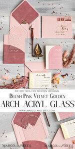 WEDDING INVITATIONS Elegant Invites Classic Cards Arch Plexi Glass Wedding Invitation suite, Blush Pink Golden Wedding Invitations with Rsvp Velvet Pocket, Acrylic Modern Wedding Cards18