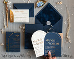 HOCHZEITS EINLADUNGEN Gold / Roségold / Silber / Glitzer Elegante Bogen-Hochzeitseinladungen Navy Blau, Samt-Tasche Dunkelblau Gold Moderne Hochzeit, Hochzeitseinladung Suite, Bogen Samt-Taschen Einladungset14