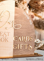 TABLE DECOR SIGNS Wood Eco Rustic Table numbers Rustic wood Golden Acrylic gifts & cards signs with stand, Wooden gold guestbook Sign, Golden Plexi wood  gifts & cards signs, Luxury Wedding guestbook Decor Centerpieces13