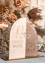 TABLE DECOR SIGNS Wood Eco Rustic Table numbers Rustic wood Golden Acrylic gifts & cards signs with stand, Wooden gold guestbook Sign, Golden Plexi wood  gifts & cards signs, Luxury Wedding guestbook Decor Centerpieces13
