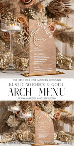 TABLE DECOR SIGNS Wood Eco Rustic Table numbers Rustic Wooden half Arch Dinner menu, Wood & Acrylic gold Table Sign, Gold Barn Plexi Wedding Menu Combo Rustic Boho Wedding Table Decor, Wedding Signage Golden mirror table Menus9