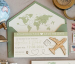 SAVE THE DATES beach travel magnets Sage green  Wooden airplane magnet Save The Date Cards  boardingpass travel airplane save the dates destination wedding magnets12