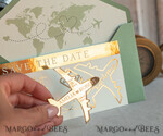 SAVE THE DATES beach travel magnets Sage green golden airplane magnet Save The Date Cards  boardingpass travel airplane save the dates destination wedding magnets17