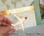SAVE THE DATES beach travel magnets Sage green golden airplane magnet Save The Date Cards  boardingpass travel airplane save the dates destination wedding magnets17