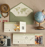 SAVE THE DATES beach travel magnets Sage green golden airplane magnet Save The Date Cards with photo boardingpass travel airplane save the dates destination wedding magnets16