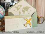 SAVE THE DATES beach travel magnets Sage green  golden airplane magnet Save The Date Cards  boardingpass travel airplane save the dates destination wedding magnets16