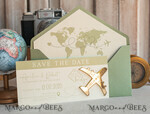 SAVE THE DATES beach travel magnets Sage green  golden airplane magnet Save The Date Cards  boardingpass travel airplane save the dates destination wedding magnets16