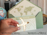 SAVE THE DATES beach travel magnets Sage green  golden airplane magnet Save The Date Cards  boardingpass travel airplane save the dates destination wedding magnets16