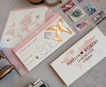 SAVE THE DATES beach travel magnets Pink Blush  golden airplane magnet Save The Date Cards  boardingpass travel airplane save the dates destination wedding magnets12