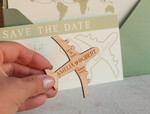 SAVE THE DATES beach travel magnets Sage green  Wooden airplane magnet Save The Date Cards  boardingpass travel airplane save the dates destination wedding magnets9