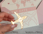 SAVE THE DATES beach travel magnets Pink Blush  golden airplane magnet Save The Date Cards  boardingpass travel airplane save the dates destination wedding magnets16