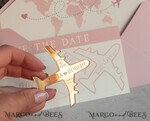 SAVE THE DATES beach travel magnets Pink Blush  golden airplane magnet Save The Date Cards  boardingpass travel airplane save the dates destination wedding magnets16