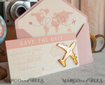 SAVE THE DATES beach travel magnets Pink Blush  golden airplane magnet Save The Date Cards  boardingpass travel airplane save the dates destination wedding magnets16