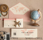SAVE THE DATES beach travel magnets Pink Blush  golden airplane magnet Save The Date Cards with Photo boardingpass travel airplane save the dates destination wedding magnets12