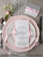 MENÜ & PROGRAMME  
 rustikal und Spitze Romantisches Blush-Pink Hochzeitsmenü mit Schleife, glamouröses minimalistisches Abendmenü mit Schleife, elegantes einfaches Partytischmenü, modernes weißes und pinkes Hochzeitsmenükarte.4