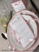 MENU & PROGRAMS rustic and lace Romantic Handmade Blush Pink Wedding Menu, Glamour Minimalist Dinner menu with Ribbon, Elegant Simple Party Table Menu, Modern White And Pink Wedding Menu Card 5
