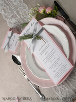 MENU & PROGRAMS rustic and lace Romantic Wedding Menu with Grey Ribbon, Vintage Personalized Menu Cards, Light Grey and Blush Pink Shabby Chic Wedding Menu, Elegant Handmade Wedding Menu Card 4