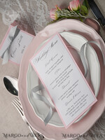 MENU & PROGRAMS rustic and lace Romantic Wedding Menu with Grey Ribbon, Vintage Personalized Menu Cards, Light Grey and Blush Pink Shabby Chic Wedding Menu, Handmade White & Pink Wedding Menu6