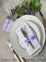 MENÜ & PROGRAMME  
 rustikal und Spitze Zartes handgemachtes Flieder-Hochzeitsmenü, elegante Hochzeitsmenüs mit Lavendel, minimalistische schicke lila Hochzeitsmenükarten, moderne minimalistische Dinnerkarte für die Hochzeit.8