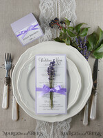 MENÜ & PROGRAMME  
 rustikal und Spitze Zartes handgemachtes Flieder-Hochzeitsmenü, elegante Hochzeitsmenüs mit Lavendel, minimalistische schicke lila Hochzeitsmenükarten, moderne minimalistische Dinnerkarte für die Hochzeit.8