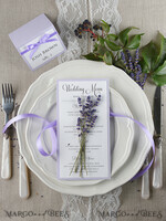 MENÜ & PROGRAMME  
 rustikal und Spitze Zartes handgemachtes Flieder-Hochzeitsmenü, elegante Hochzeitsmenüs mit Lavendel, minimalistische schicke lila Hochzeitsmenükarten, moderne minimalistische Dinnerkarte für die Hochzeit.8