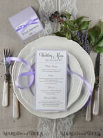 MENÜ & PROGRAMME  
 rustikal und Spitze Zartes handgemachtes Flieder-Hochzeitsmenü, elegante Hochzeitsmenüs mit Lavendel, minimalistische schicke lila Hochzeitsmenükarten, moderne minimalistische Dinnerkarte für die Hochzeit.8