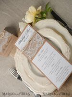 MENU & PROGRAMS rustic and lace Minimalist Brown Wedding Menu, Aesthetic Chic Lace Reception Dinner Menu, Romantic Menu With Burlap Twine, Elegant White And Brown Handmade Wedding Menu Cards  4