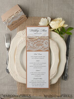 MENU & PROGRAMS rustic and lace Minimalist Brown Wedding Menu, Aesthetic Chic Lace Reception Dinner Menu, Romantic Menu With Burlap Twine, Elegant White And Brown Handmade Wedding Menu Cards  4